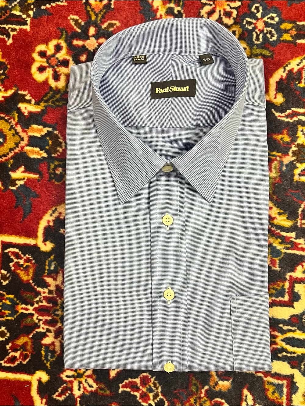 NWT Paul Stuart Blue Micro-Check Spread Collar Dress Shirt